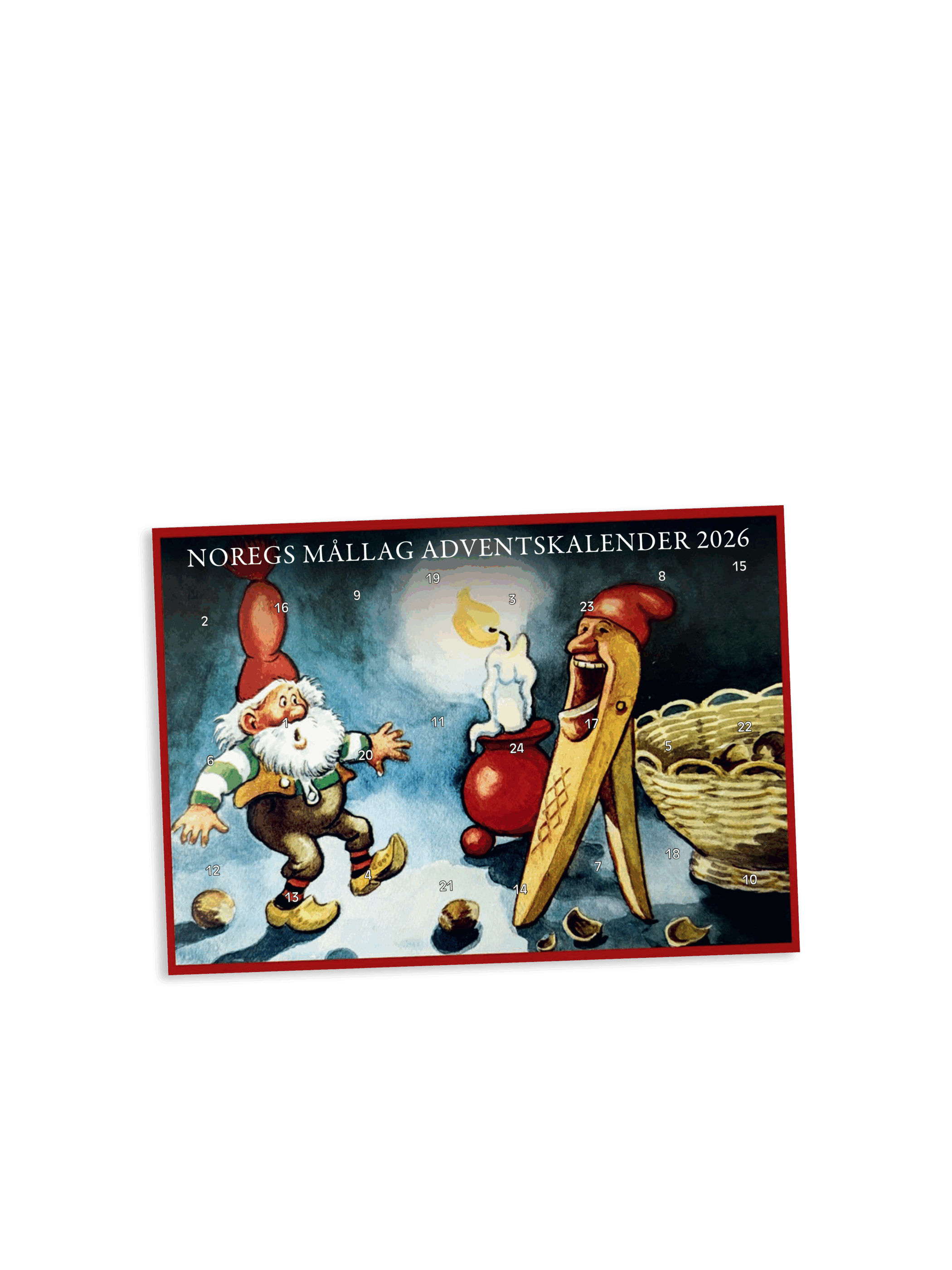Noregs Mållag sin adventskalender 2026 med illustrasjon av Solveig Muren